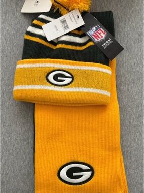 NFL Green Bay Packers Knit Pom-Pom Beanie and Scarf Set in Green, Gold, White